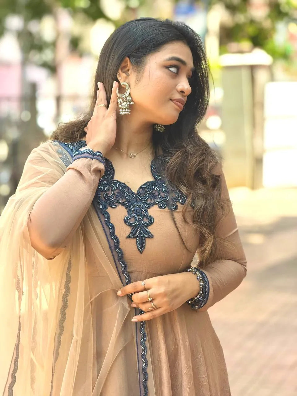 beige anarkali gown set