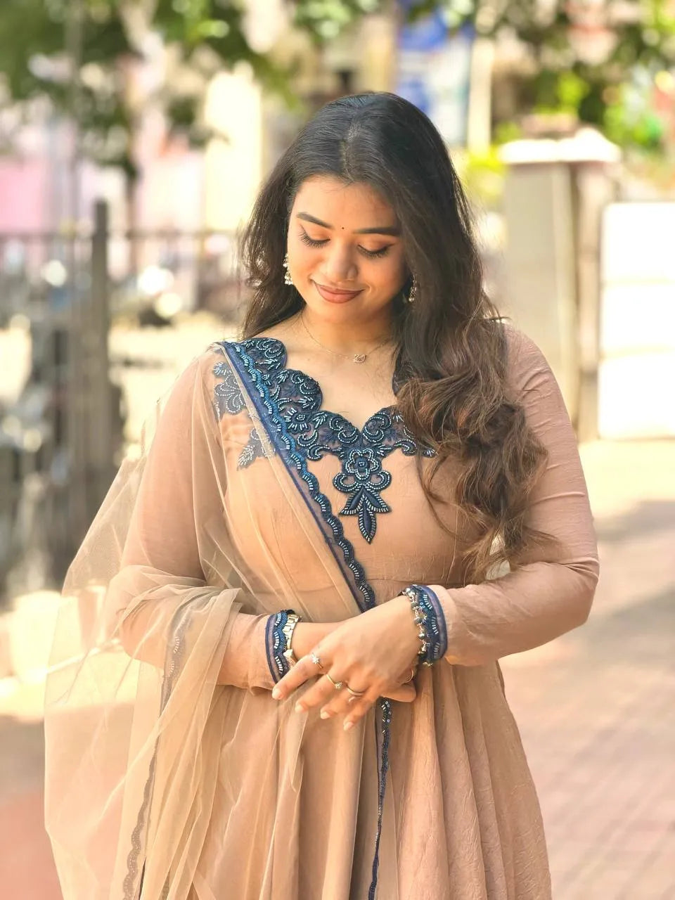 beige embroidered gown