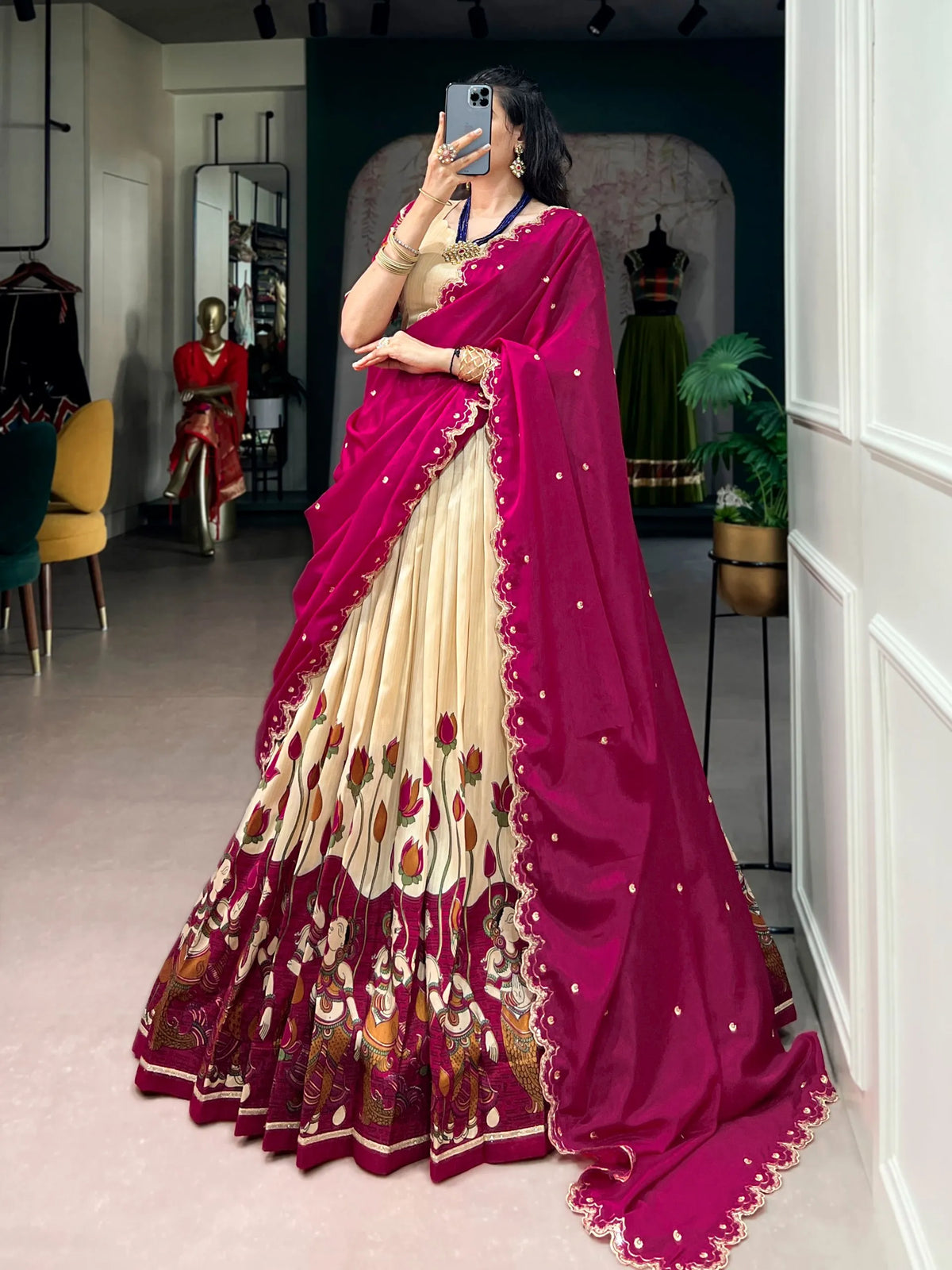 beige kalamkari lehenga set