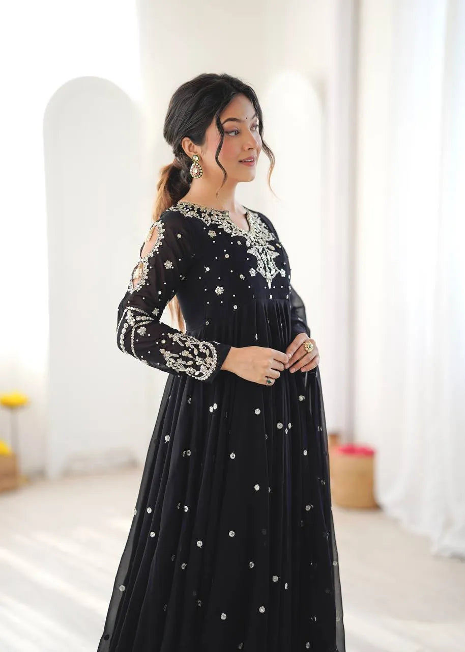 black embroidered gown