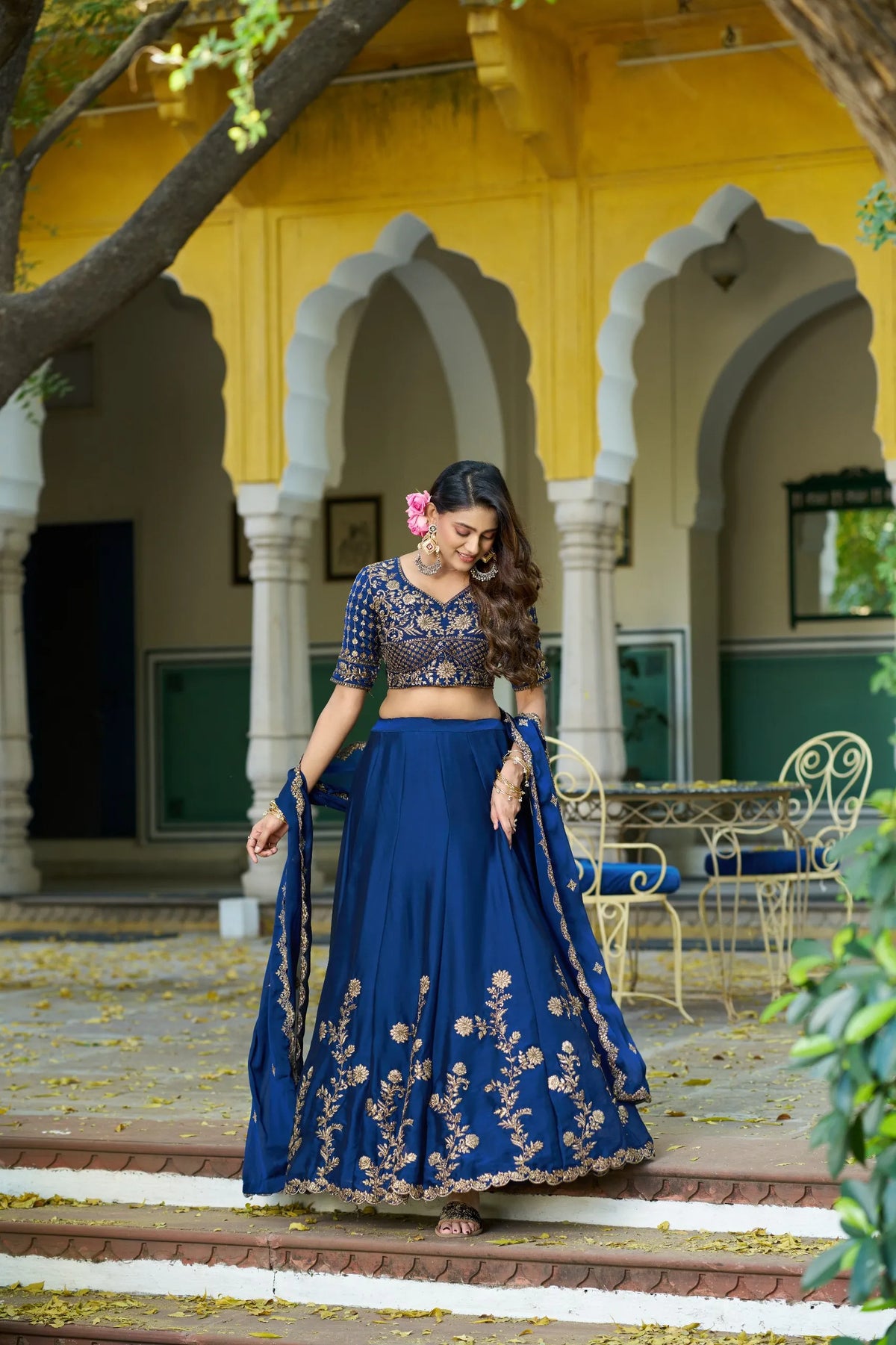 blue embroidered silk lehenga