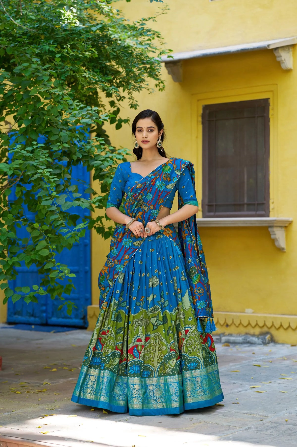 blue kalamkari lehenga
