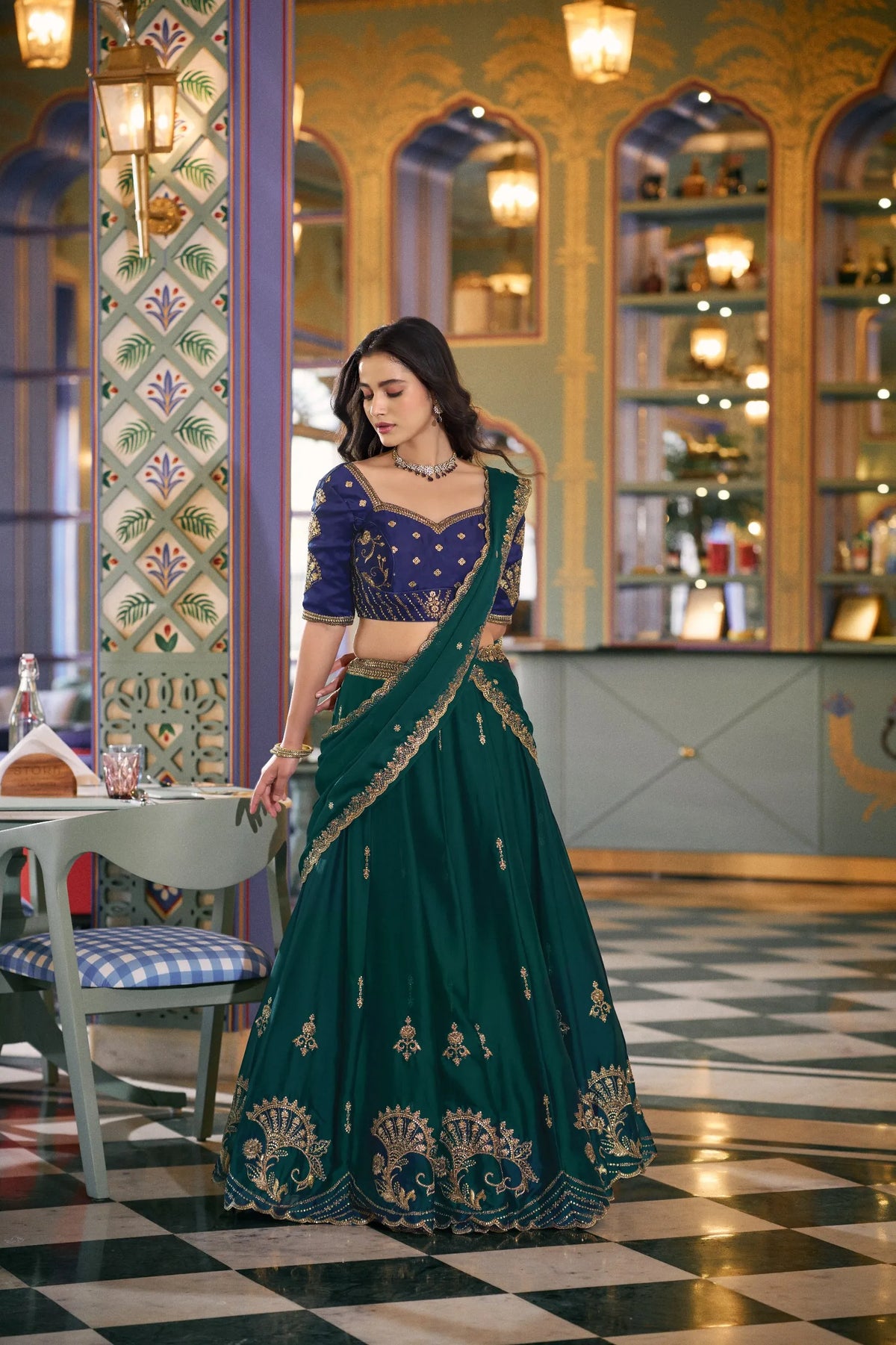 bottle green embroidered rangoli silk lehenga choli