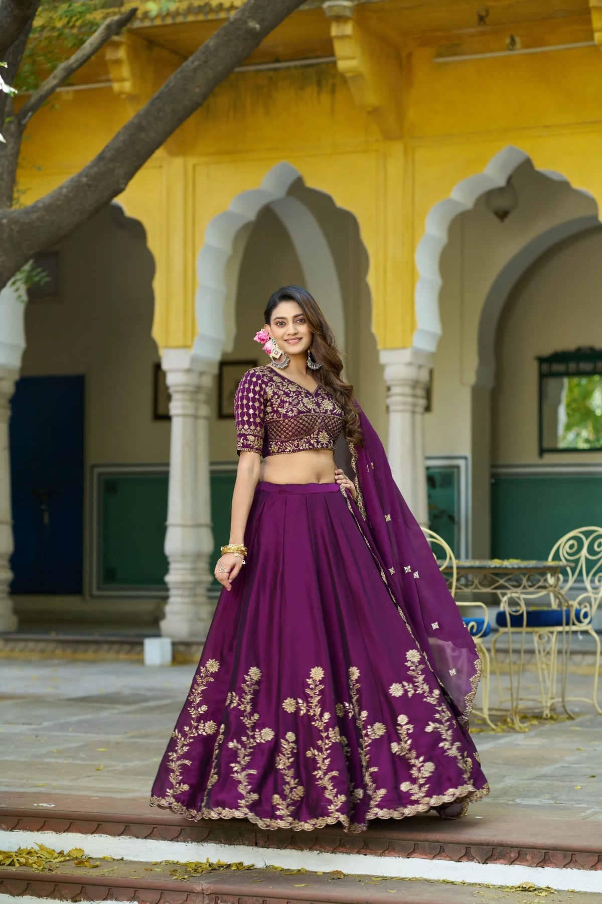 dark purple embroidered silk lehenga