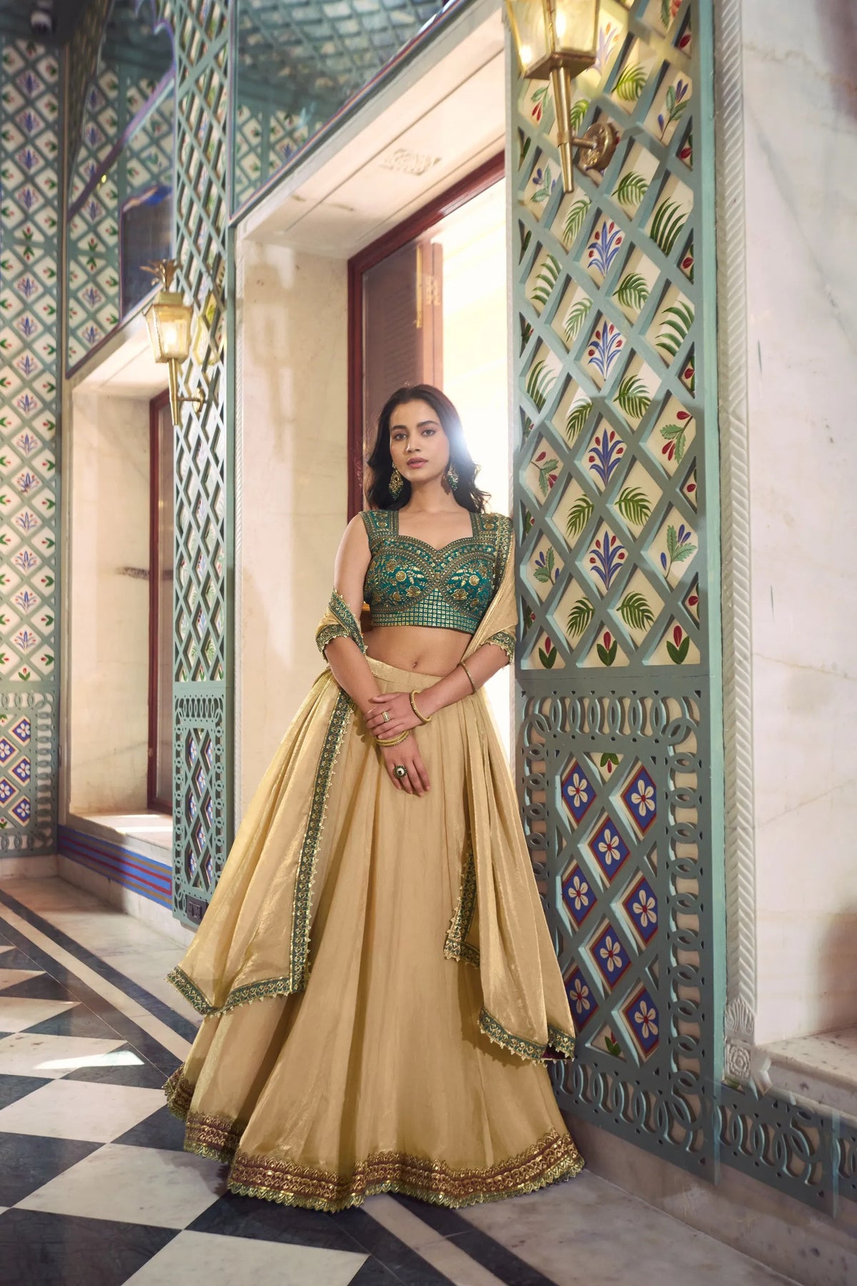 gold fendi lehenga choli