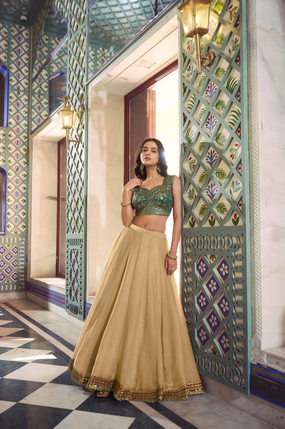 gold flared lehenga set