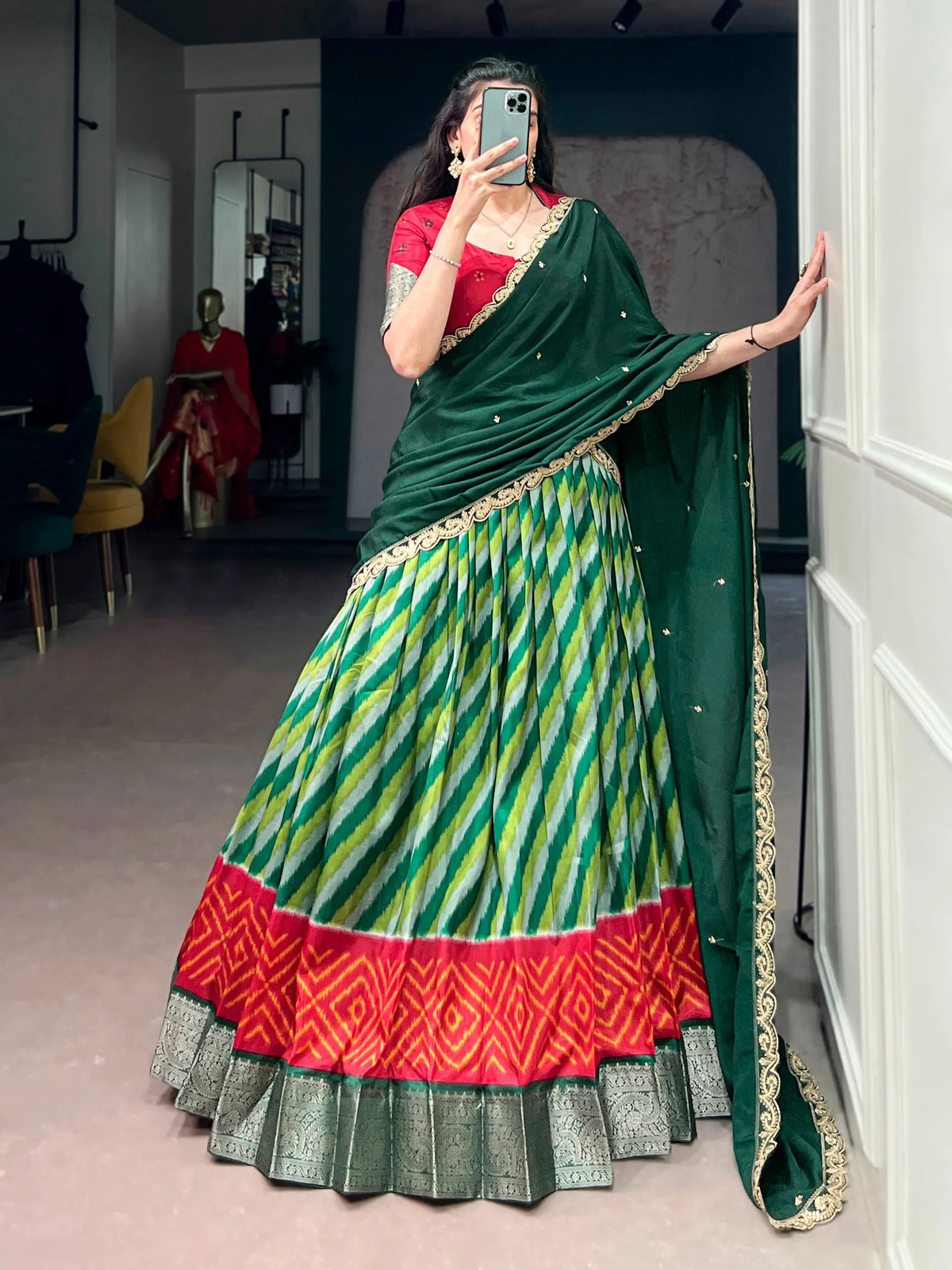 green dupatta lehenga set