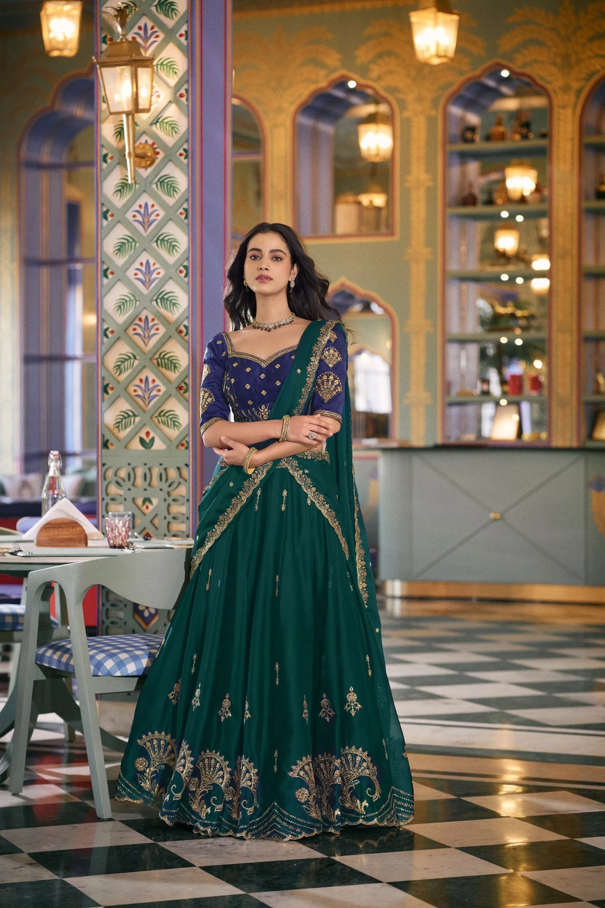 green embroidered silk lehenga choli