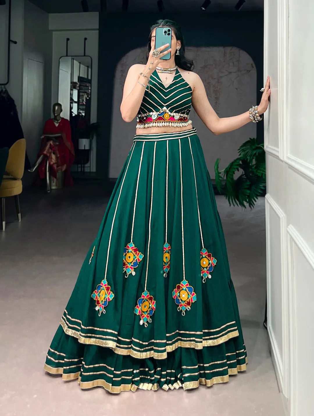 green gamthi work lehenga