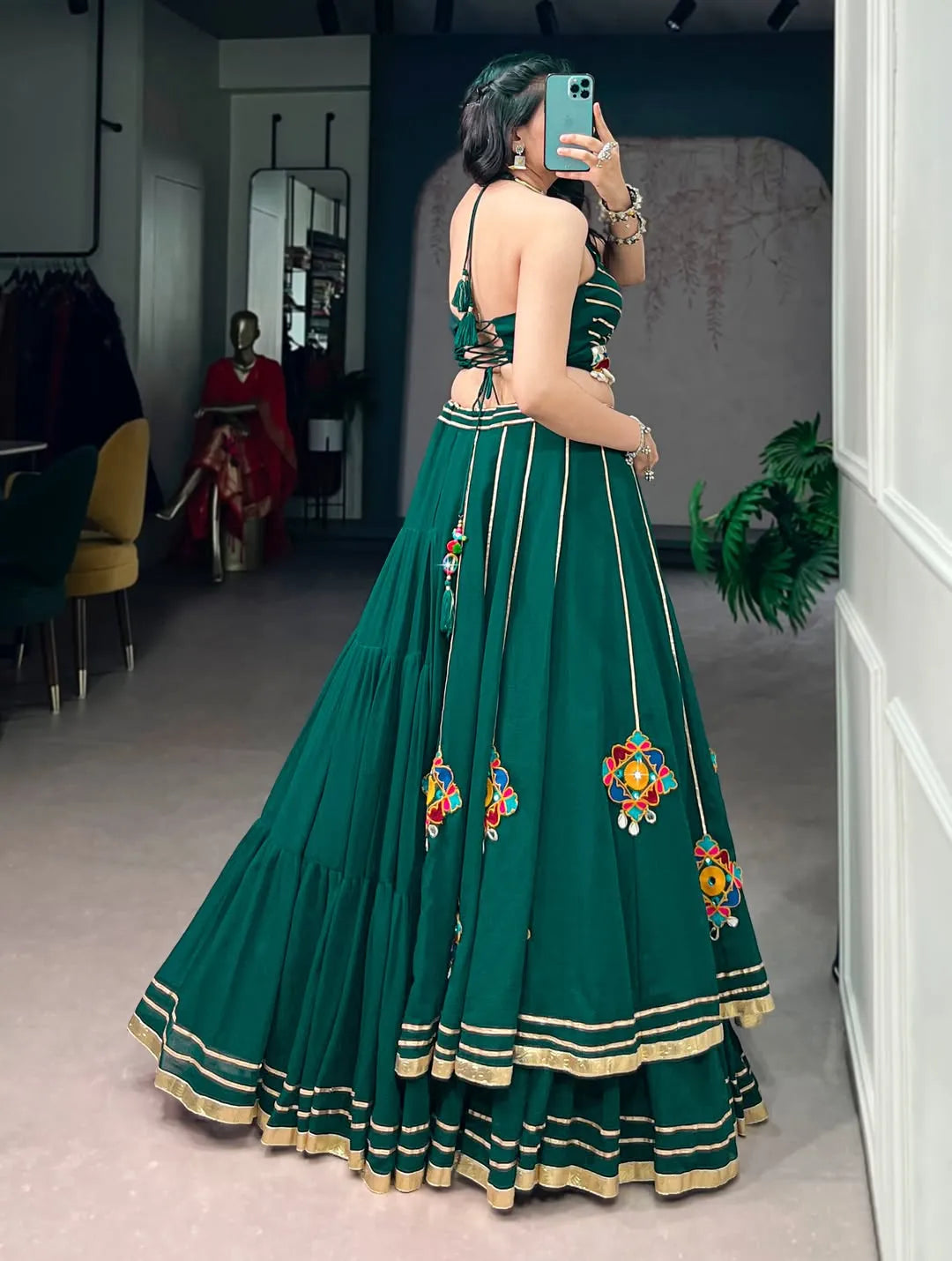green garba lehenga set