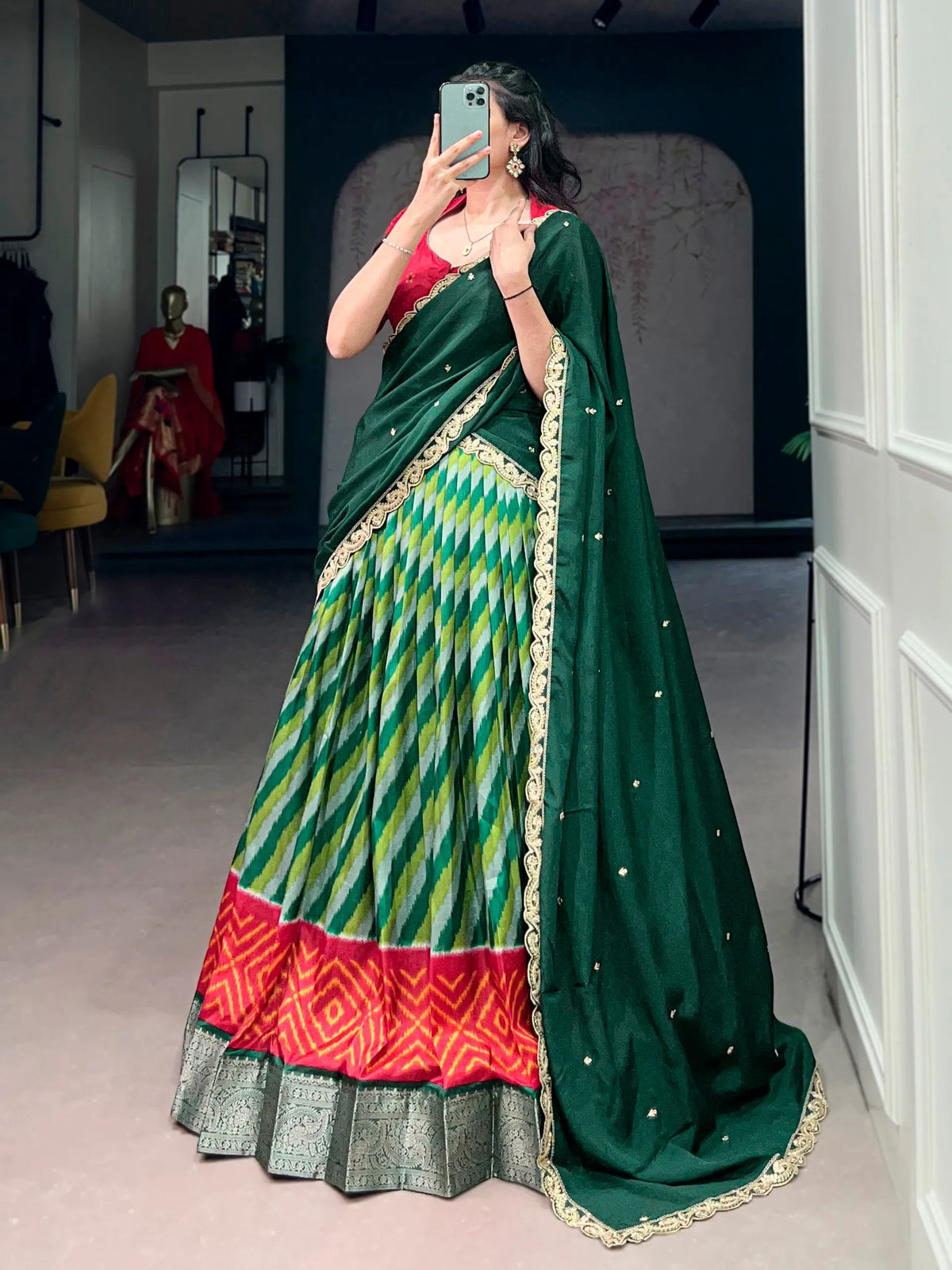 green ikat lehenga