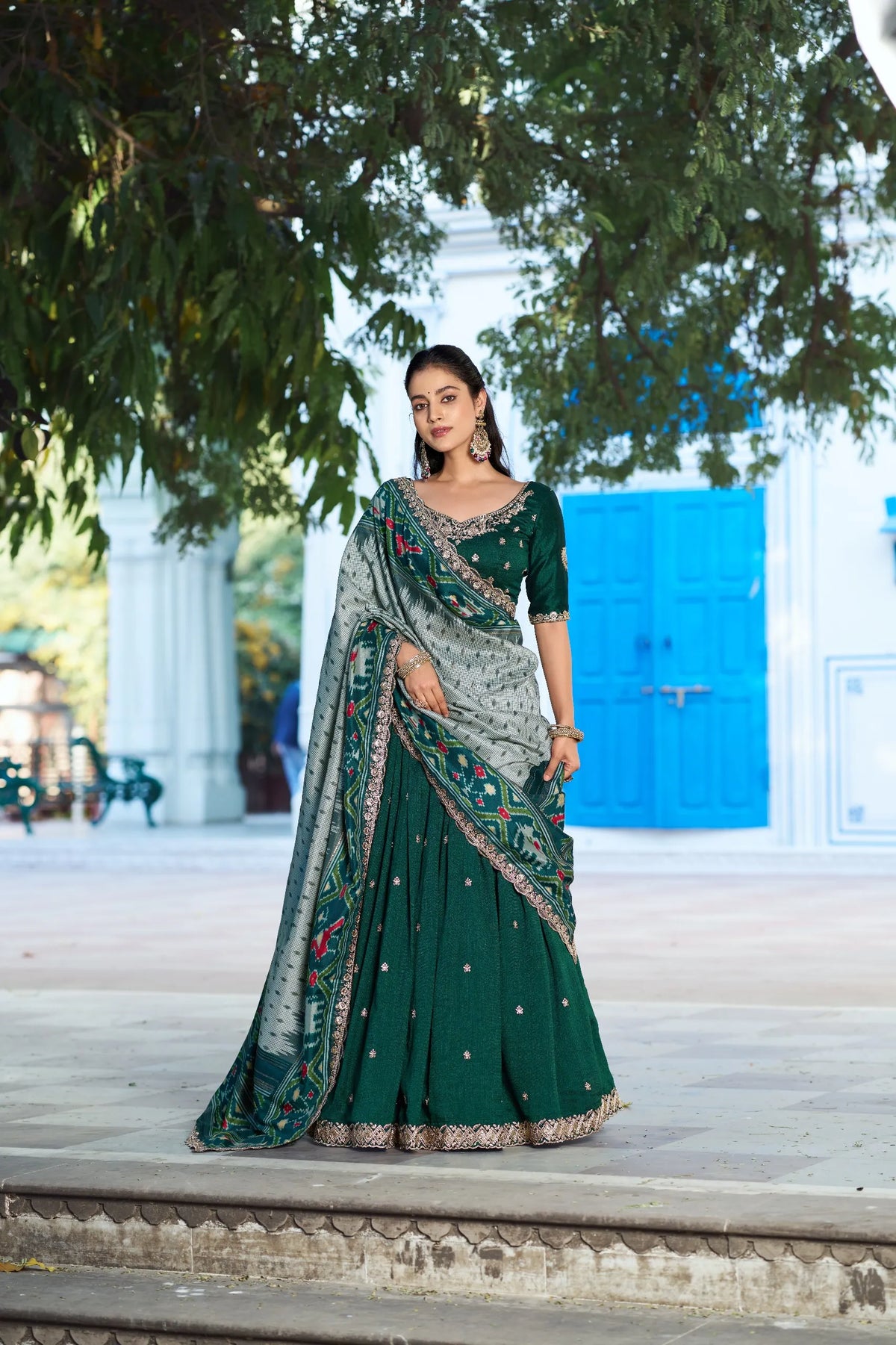 green ikkat lehenga