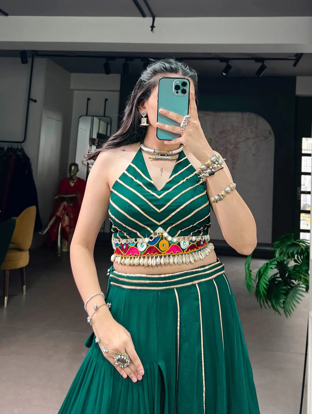 green mirror work lehenga