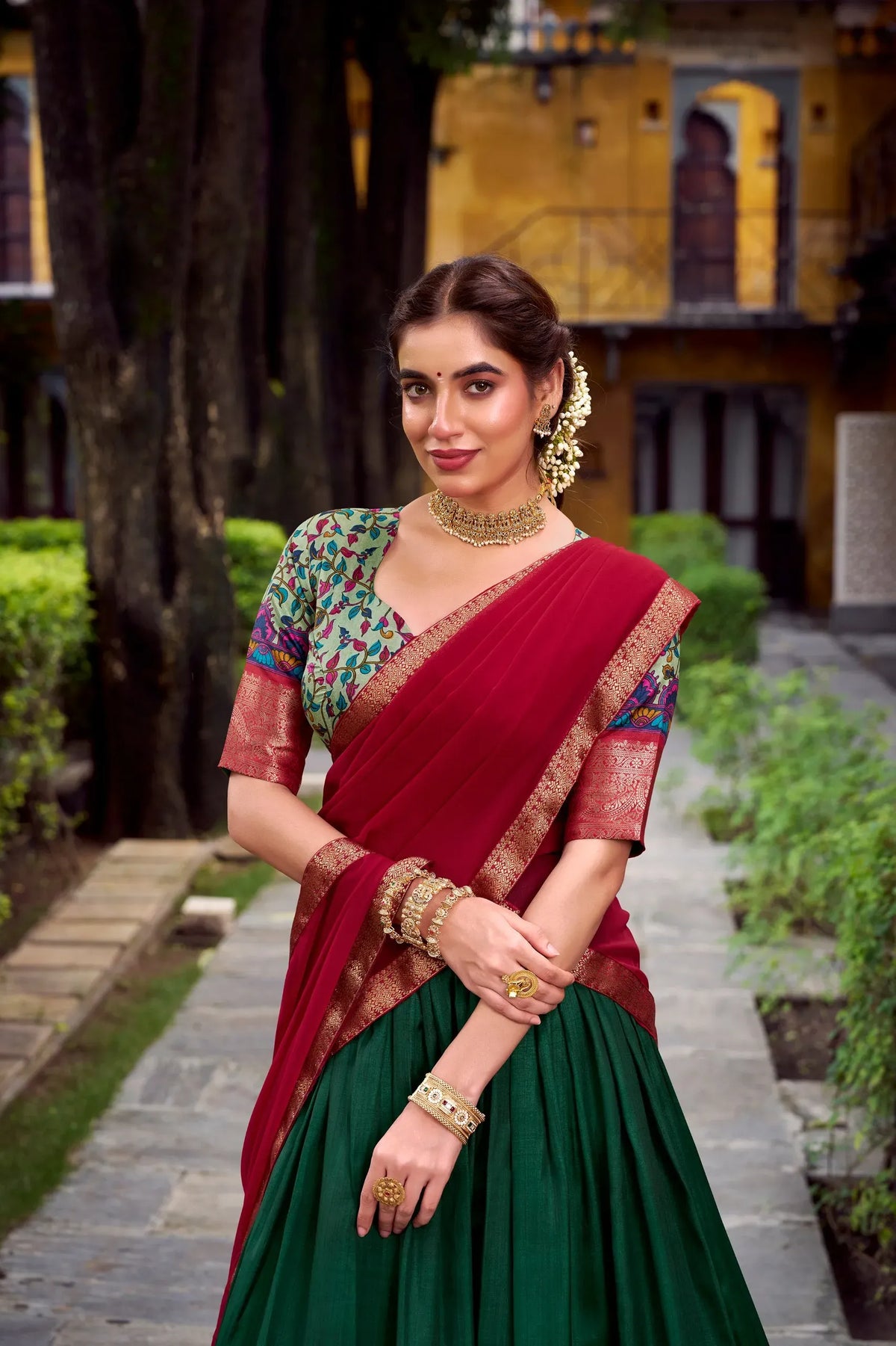 green printed silk lehenga choli
