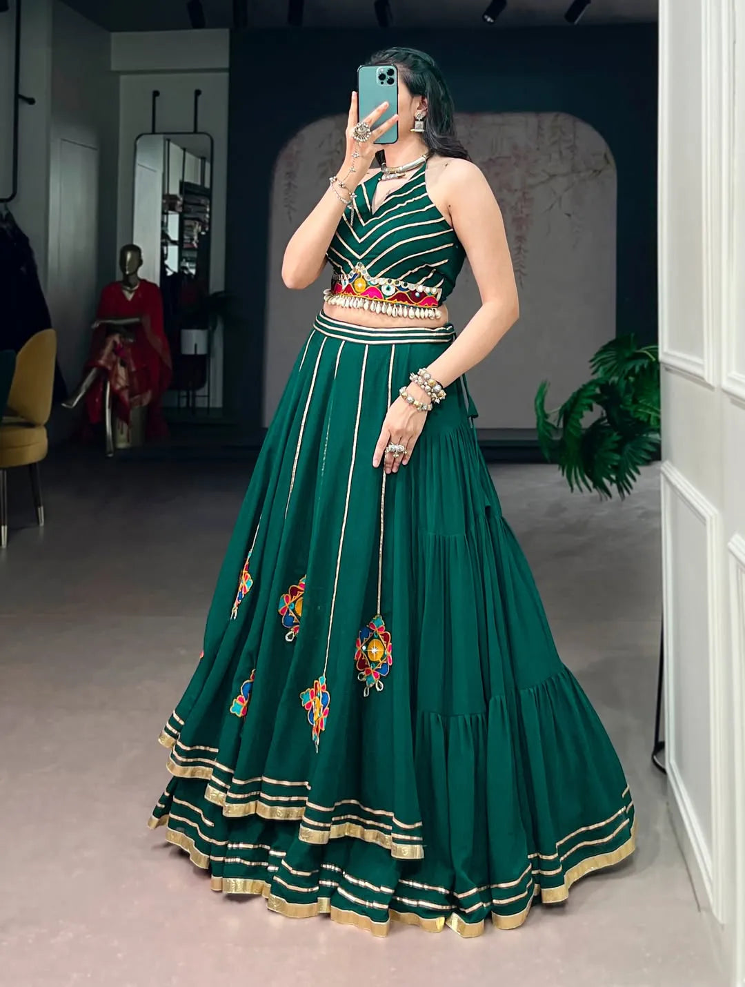 green shell work lehenga