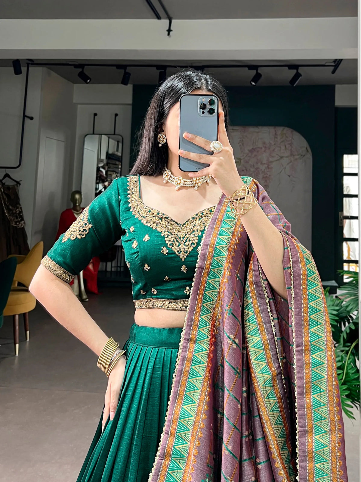 green vichitra lehenga online