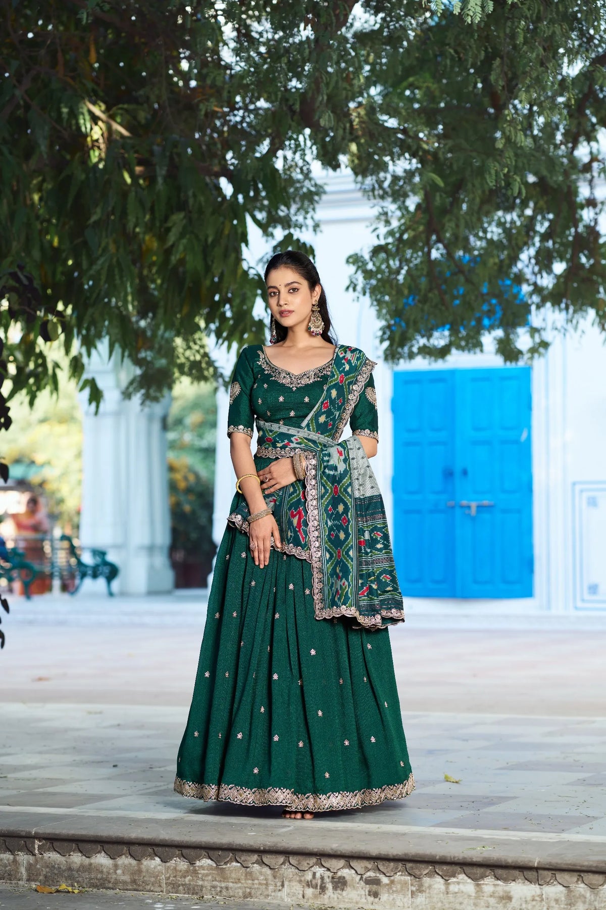 green vichitra lehenga