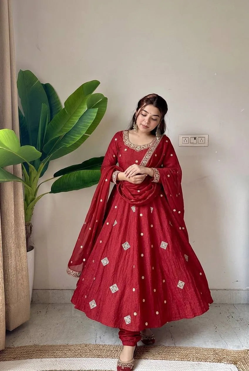 maroon crunchy silk gown