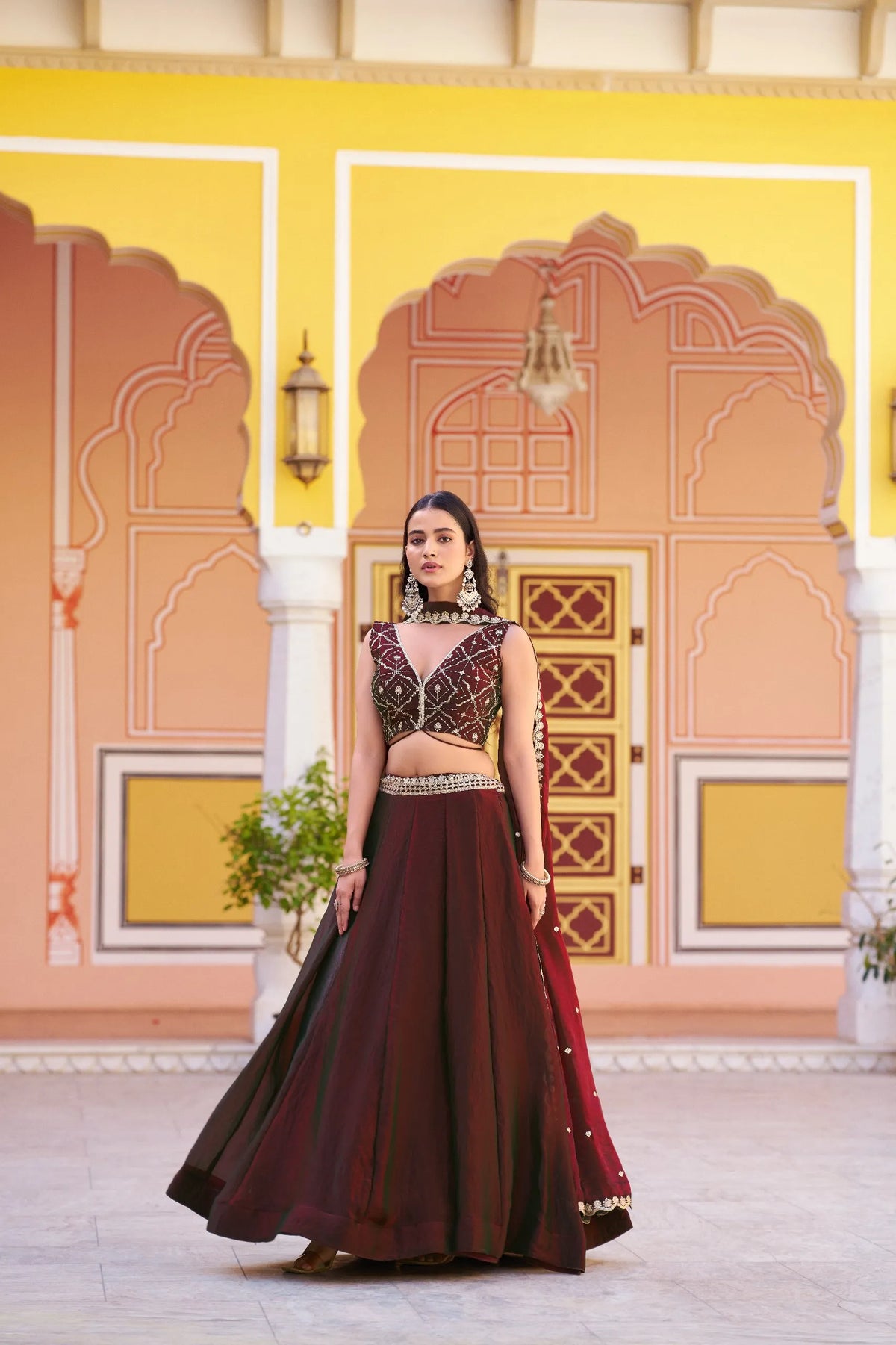 maroon fendi lehenga set
