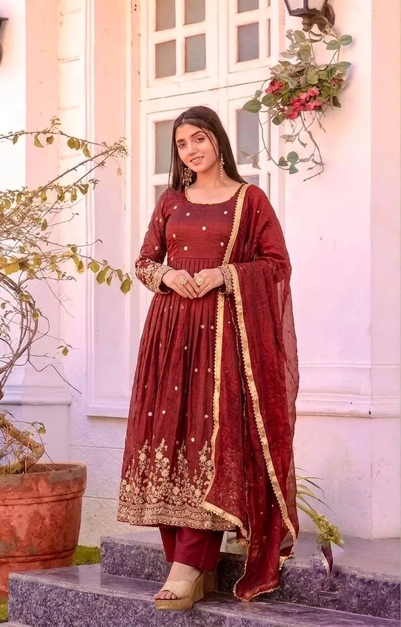 maroon fendy silk gown