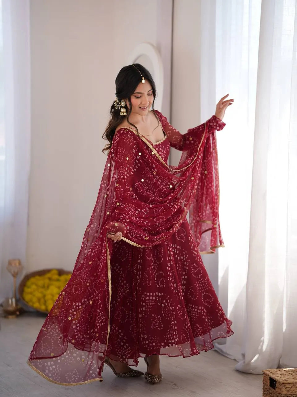 maroon flared gown set