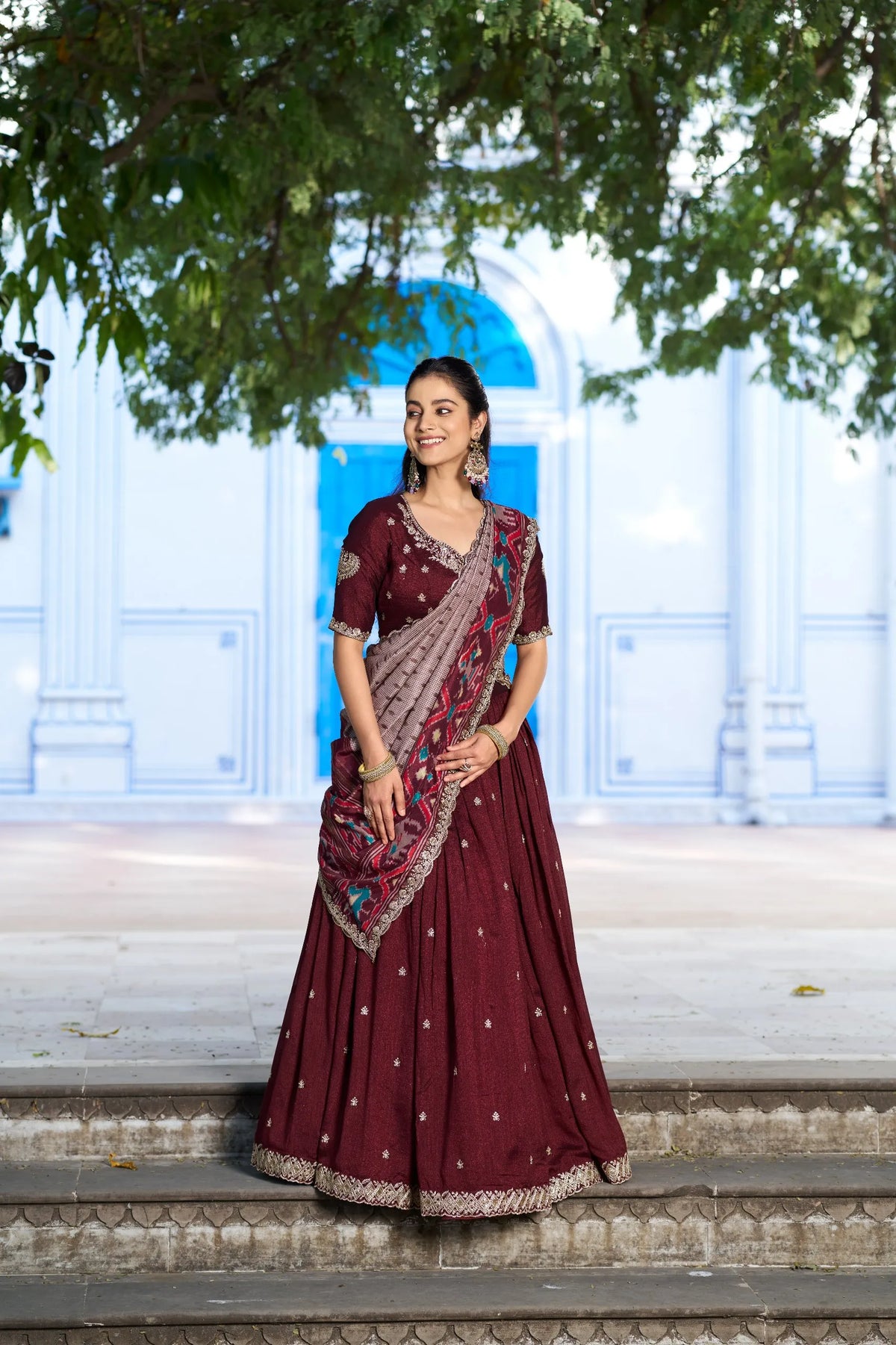 maroon ikkat lehenga set