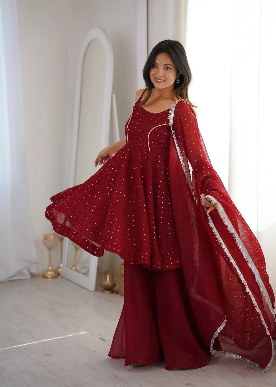 maroon lace dupatta set