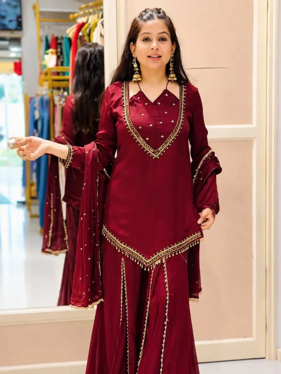 maroon mirror work set