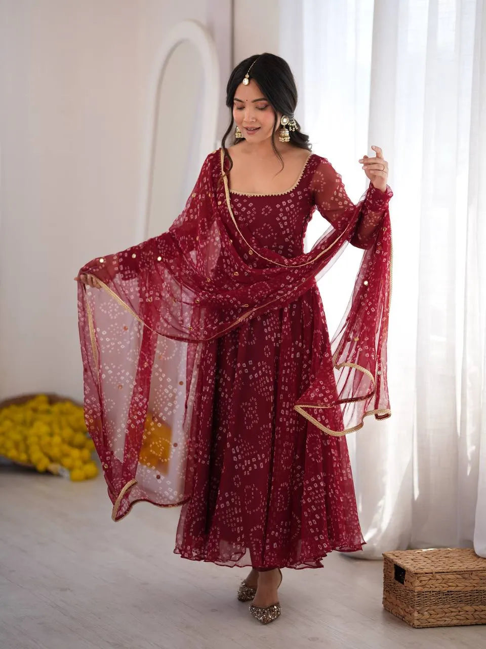 maroon printed gown set