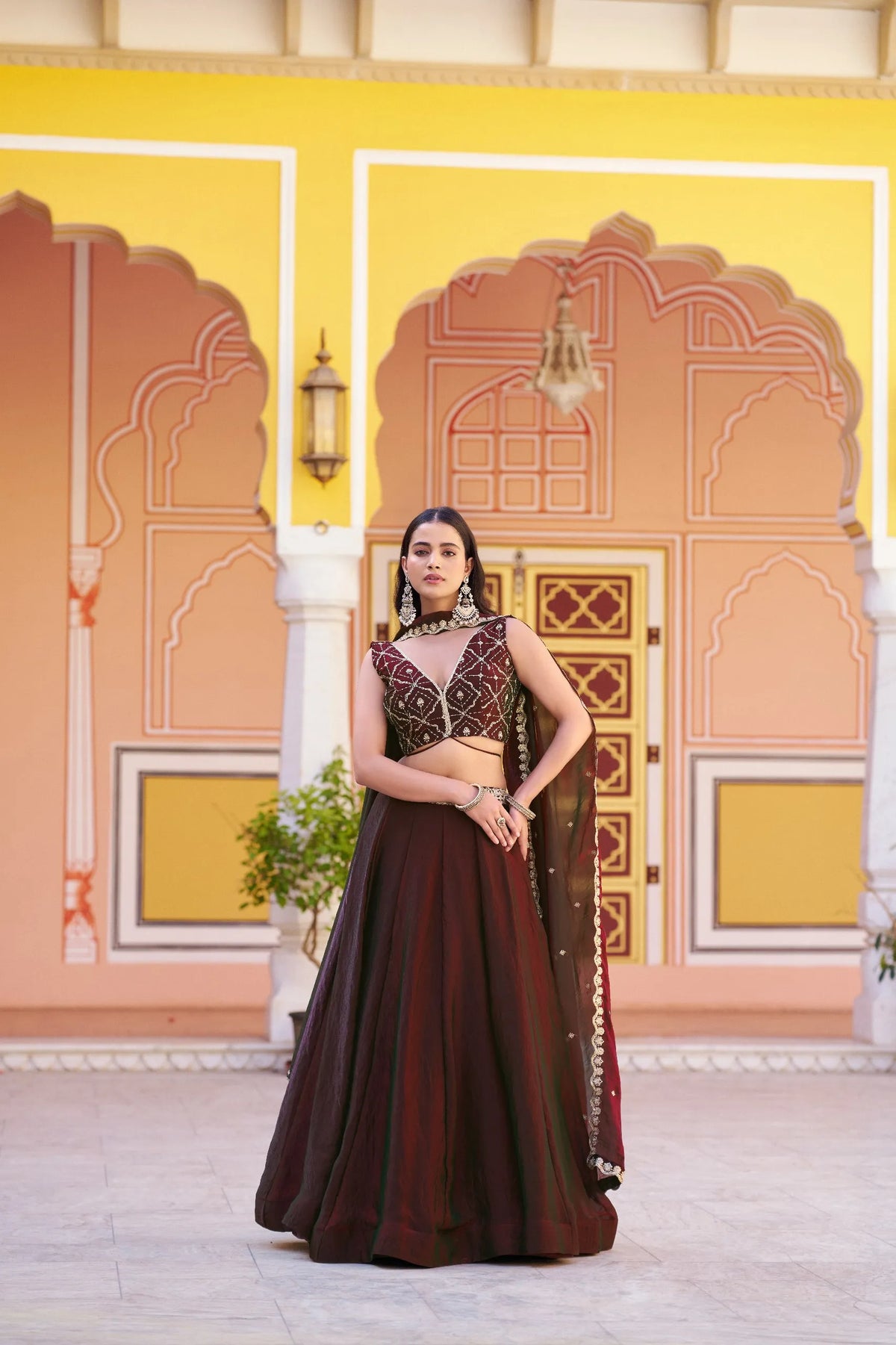 maroon thread work lehenga