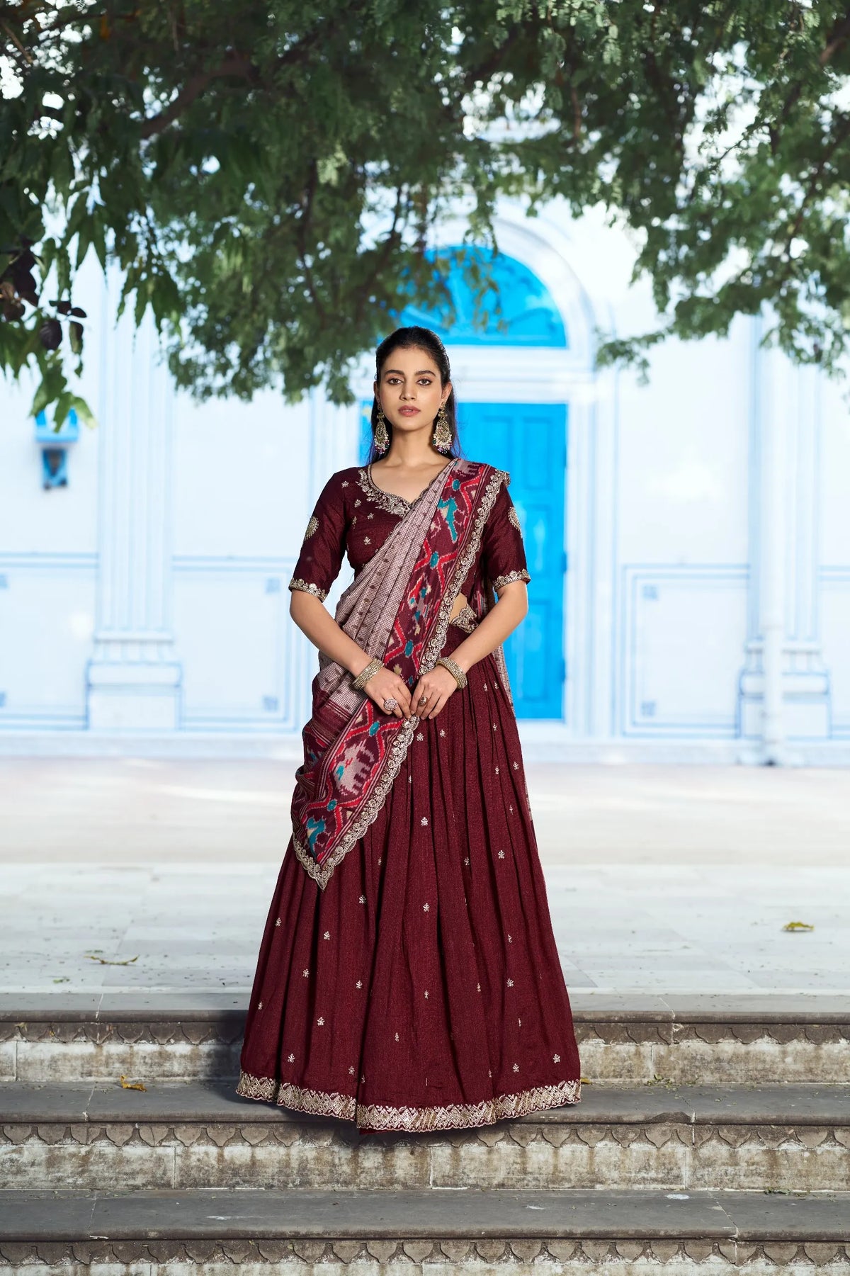 maroon vichitra lehenga