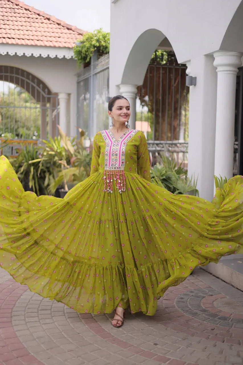mehndi green laheriya gown