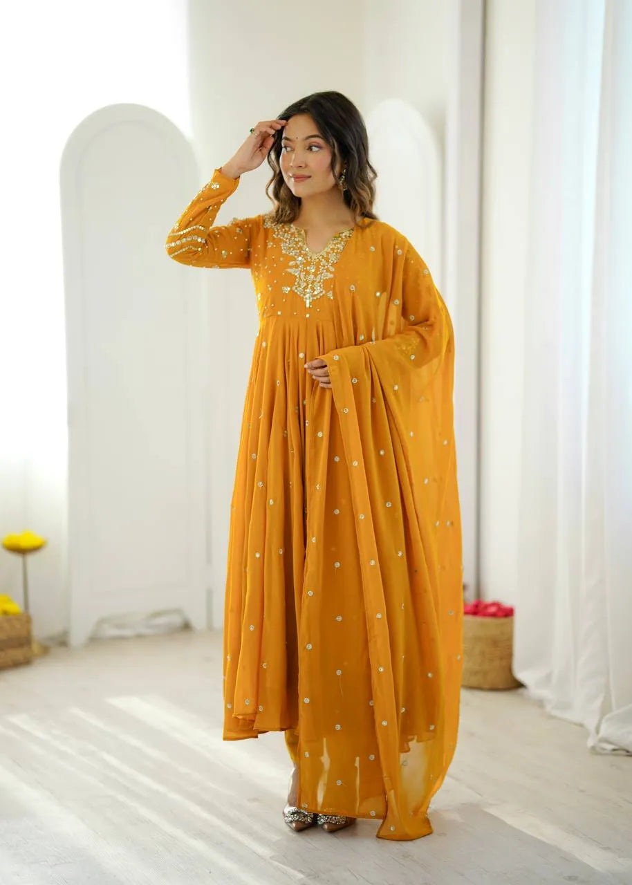 mustard anarkali gown set