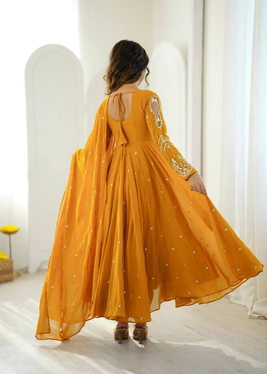 mustard embroidered gown women