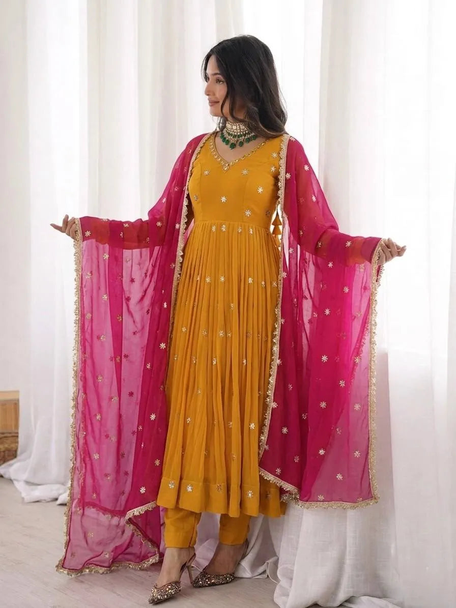 mustard embroidered gown