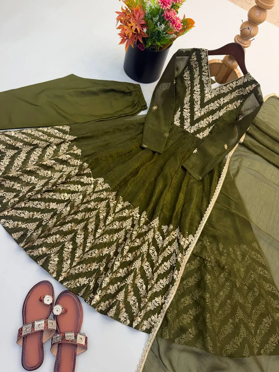 olive designer gown set