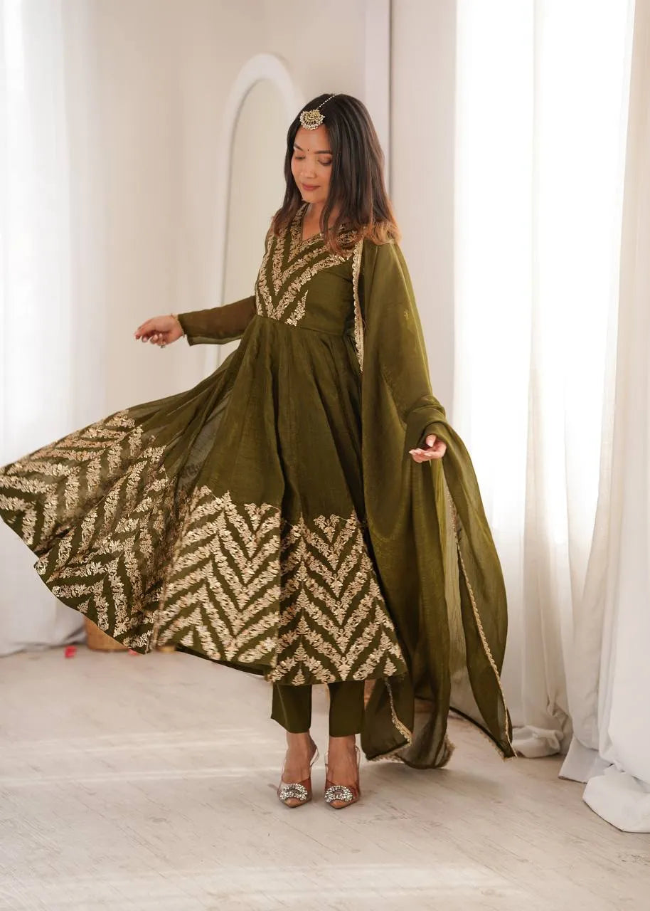 olive embroidered gown