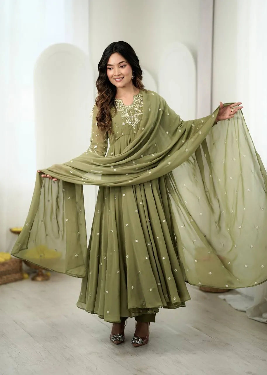 olive green anarkali gown set