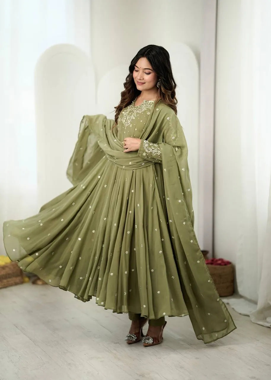 olive green embroidered gown
