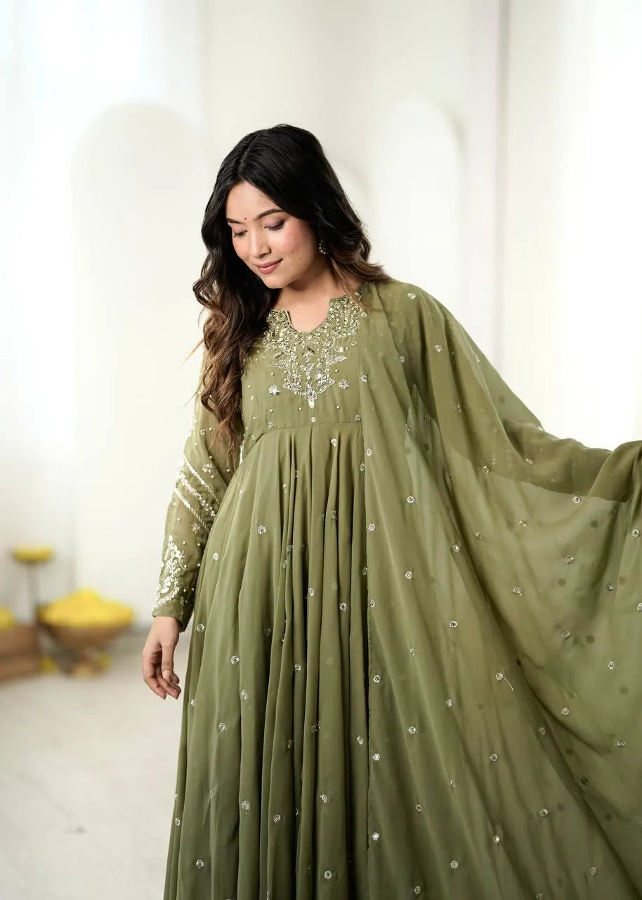 olive green festive gown set