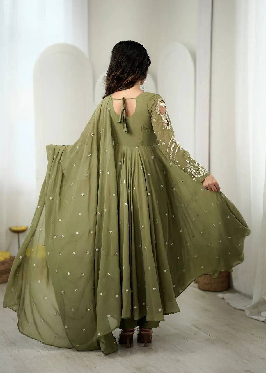 olive green flared gown set