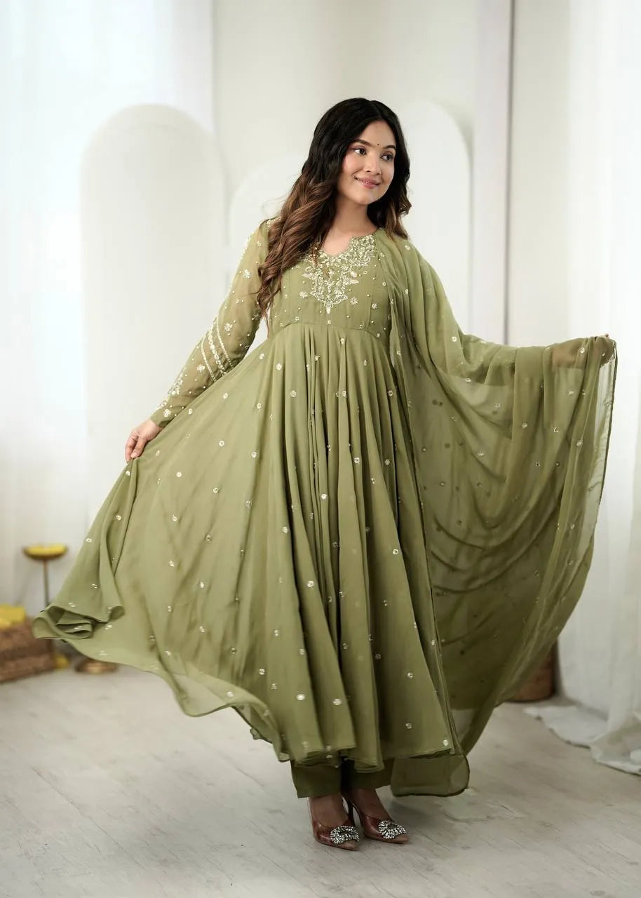 olive green georgette gown