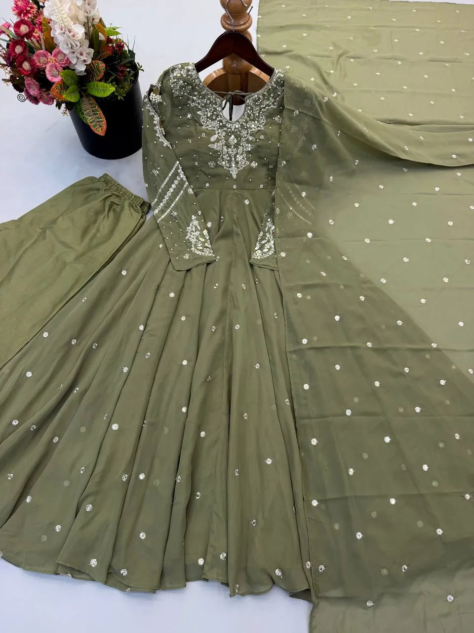 olive green gown with dupatta