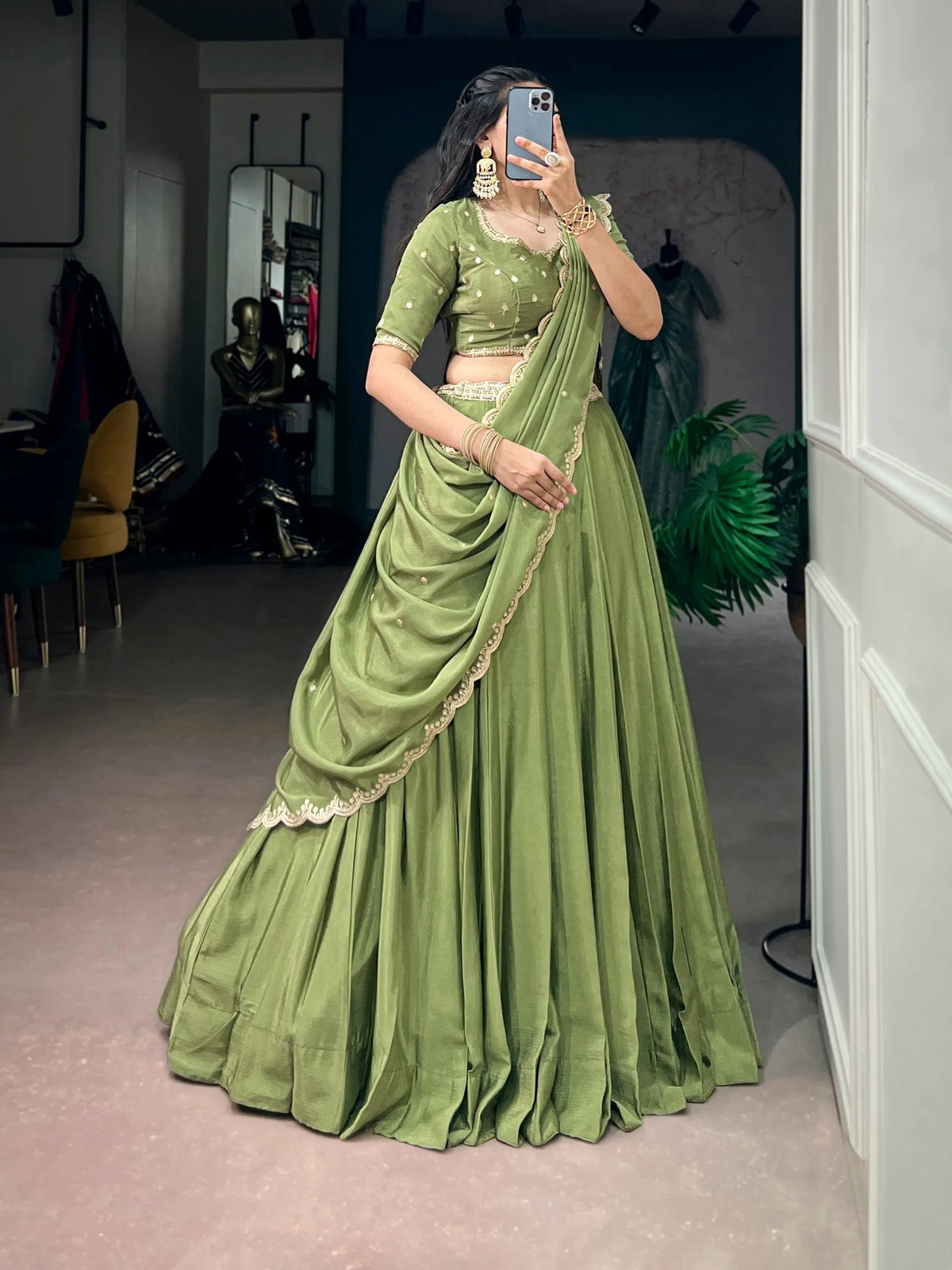 olive green lehenga set