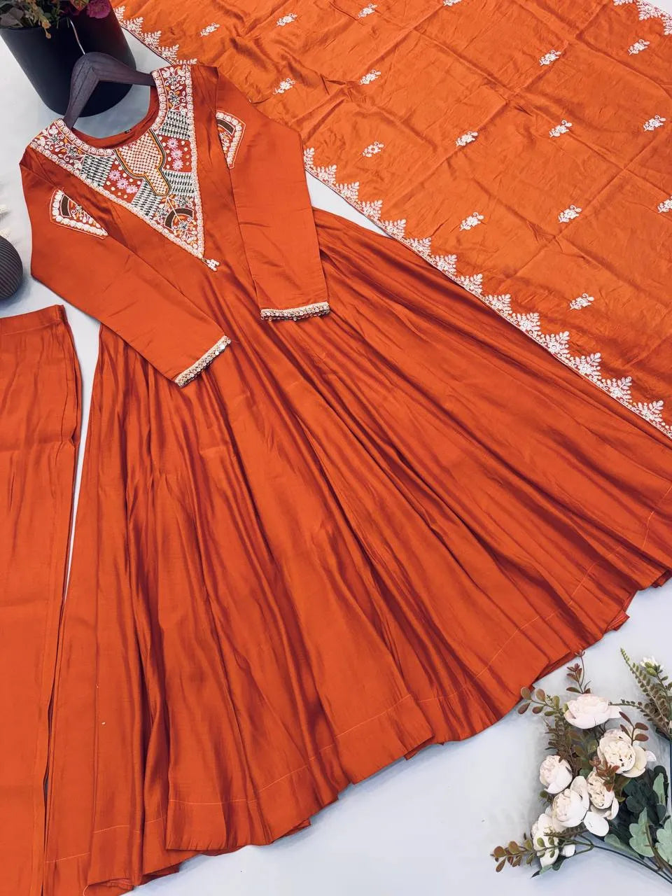 orange embroidered gown