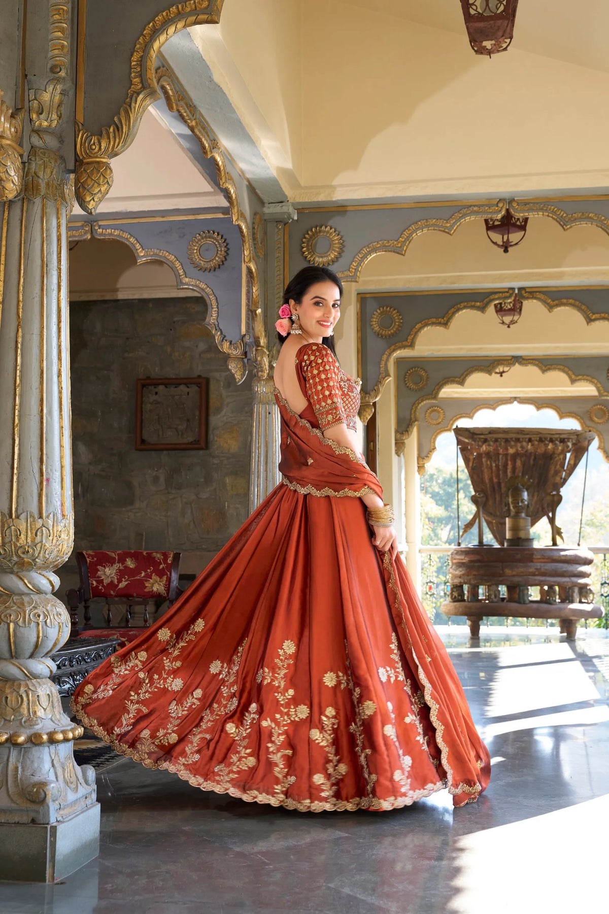 orange embroidered silk lehenga