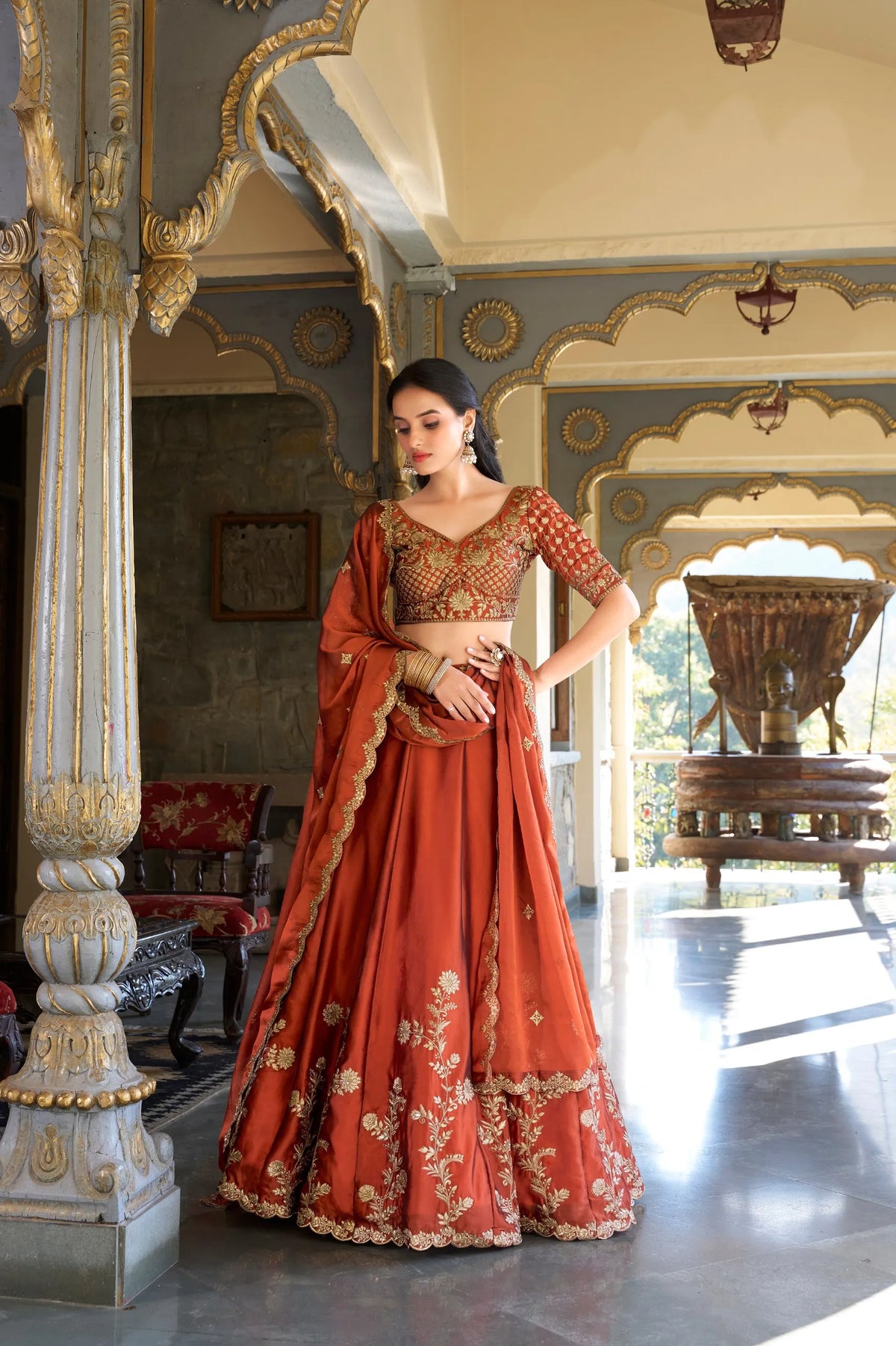 orange floral rangoli lehenga