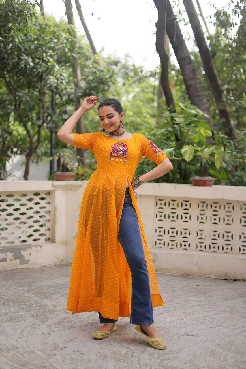 orange kutchi work kurti