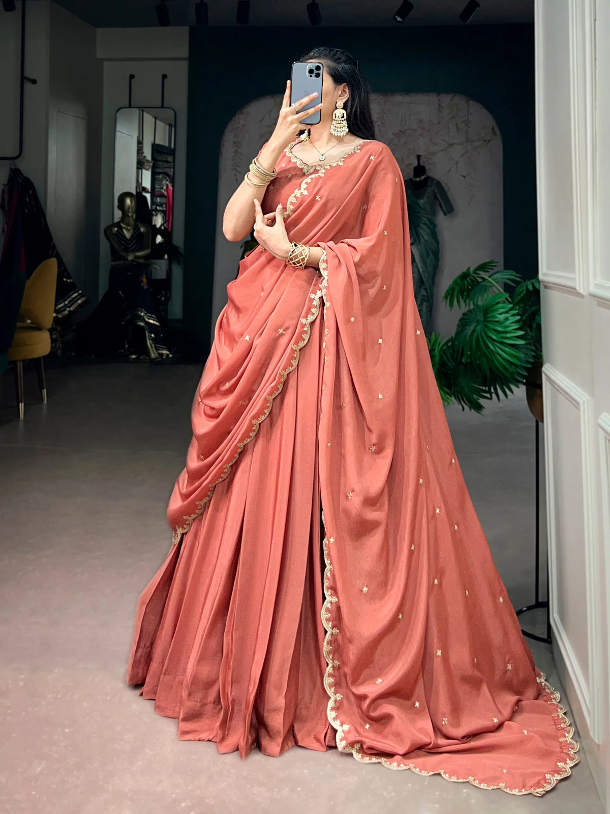 peach embroidered lehenga