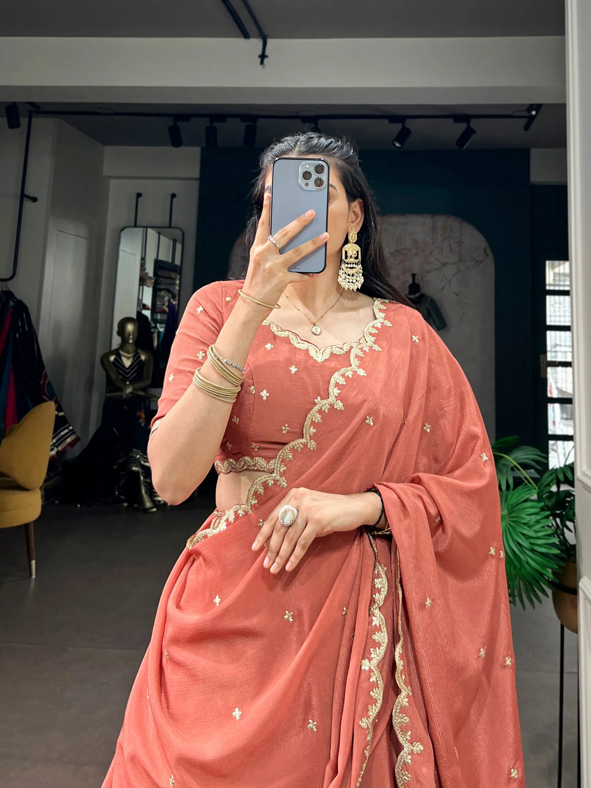 peach thread  work lehenga